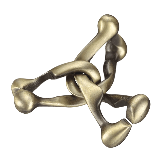 De Huzzle Cast Trinity is een metalen 3D-puzzel bestaande uit drie met elkaar verbonden v vormen, die een uitdagende draai en draai beweging vereisen.