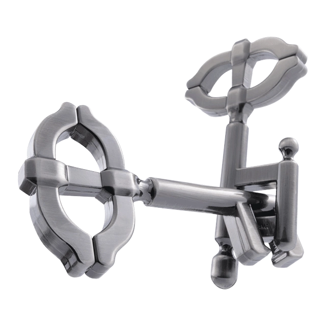 3D breinbreker puzzel Huzzle Cast Key II, met een complex metalen ontwerp van een sleutel die draait en vergrendelt voor een uitdagende puzzeloplossing.