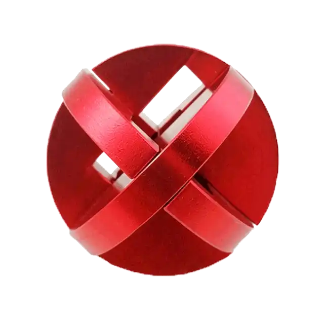 3D breinbreker puzzel van metalen stukken die een complexe, spookachtige bal vorm creëren, met in elkaar grijpende en verstrengelde delen.