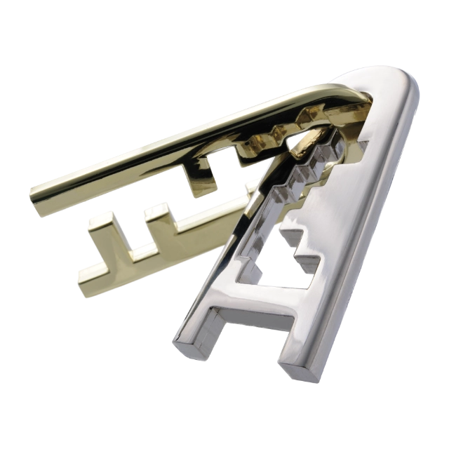 Een metalen 3D breinbreker puzzel in de vorm van een sleutelgat, met complexe, verstrengelde onderdelen die een uitdaging vormen om op te lossen.