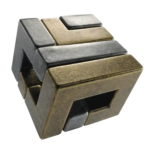 Een metalen 3D-puzzel met een spoelvormig ontwerp, bestaande uit verstrengelde delen die een complexe breinbreker vormen door draaien en verplaatsen.