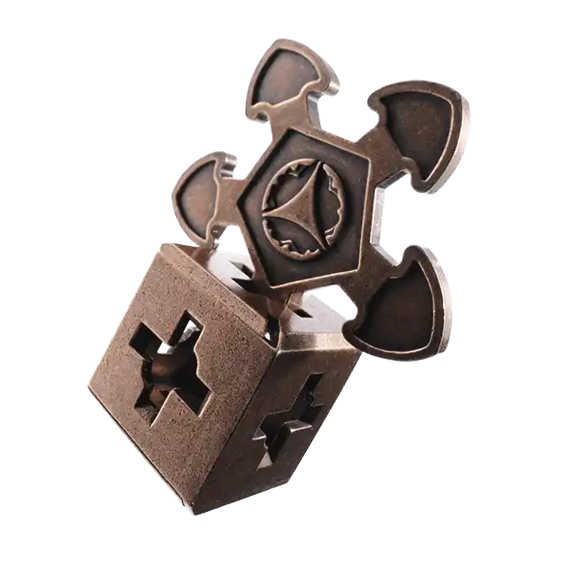 De Huzzle Cast O'gear is een metalen 3D-puzzel in de vorm van een doos met kruisen en een tandwiel bewegende onderdelen.