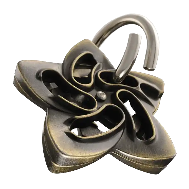 De Huzzle Cast Helix is een metalen 3D puzzel met een stervormig ontwerp met een verstrengelde ring die een uitdagende loskoppeling vereisen.