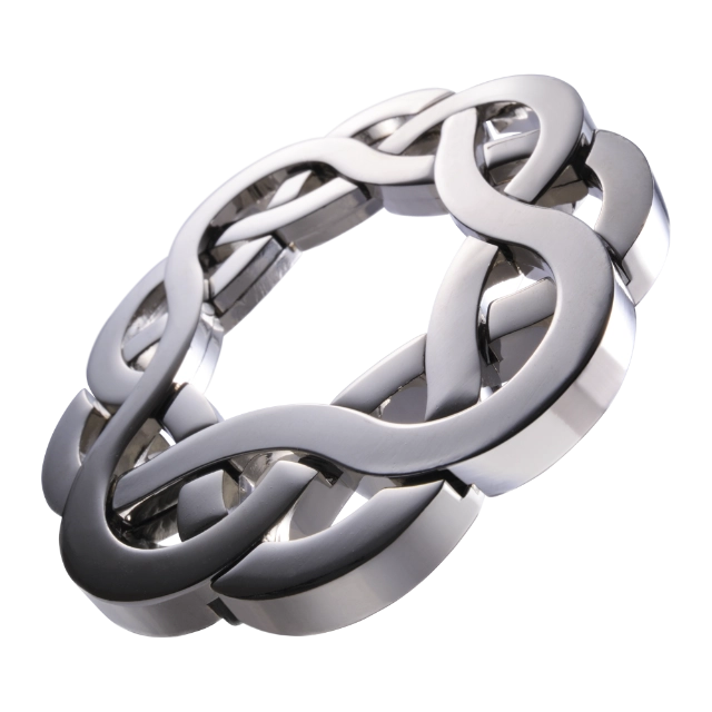 Een metalen 3D-puzzel in de vorm van een ronde onderzetter, met verstrengelde onderdelen die een uitdagende breinbreker creëren door draaien en schuiven.