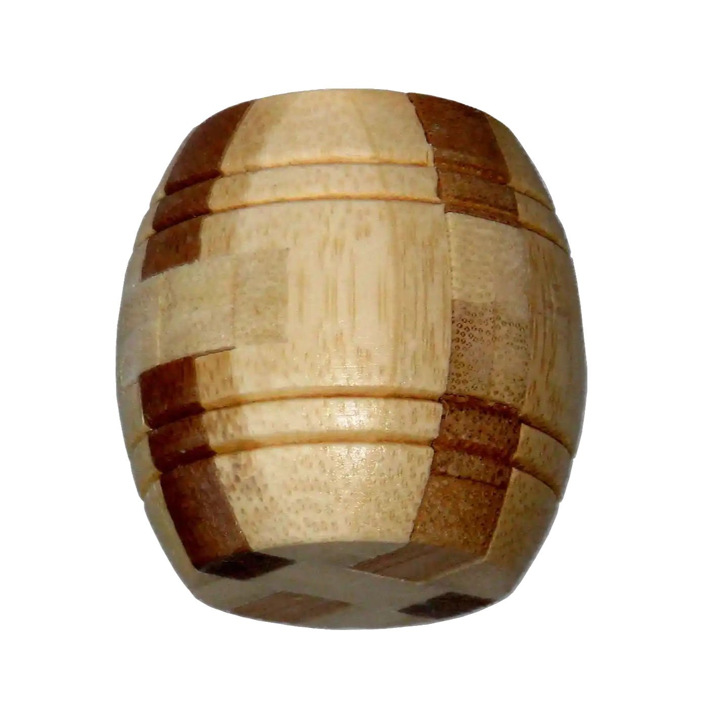3D breinbreker puzzel "Bamboo Barrel" met houten stukken die samen een barrel-vormige structuur vormen, complex en uitdagend om op te lossen.