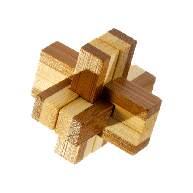 Een 3D breinbreker puzzel "Bamboo Knotty" met houten stukken in de vorm van een complexe knoop, ideaal voor een uitdagende puzzelervaring.