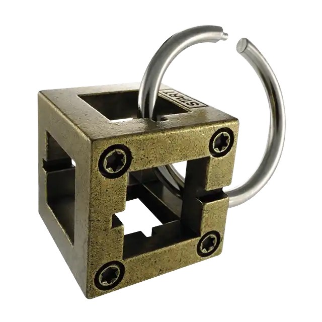 De Huzzle Cast Box is een metalen 3D breinbreker puzzel in de vorm van een vierkante doos met ingewikkelde, verstrengelde ring.