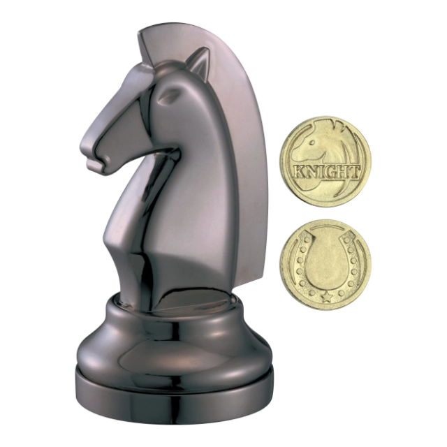 3D breinbreker puzzel van een schaakpaard (smoked black) met verborgen munt.