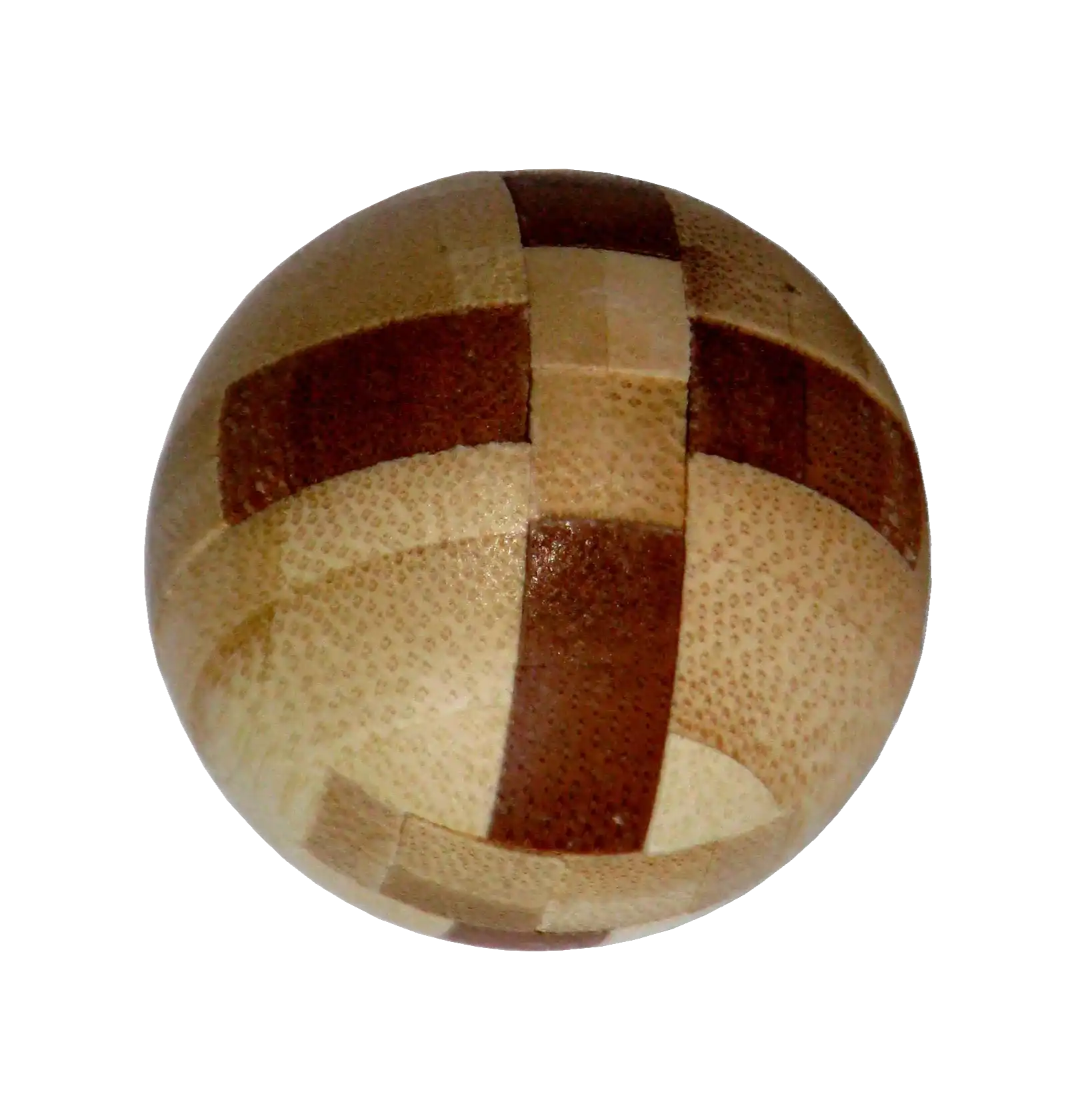 3D breinbreker puzzel "Bamboo Ball" met houten stukken die samen een complexe bolvormige structuur vormen, uitdagend en intrigerend.
