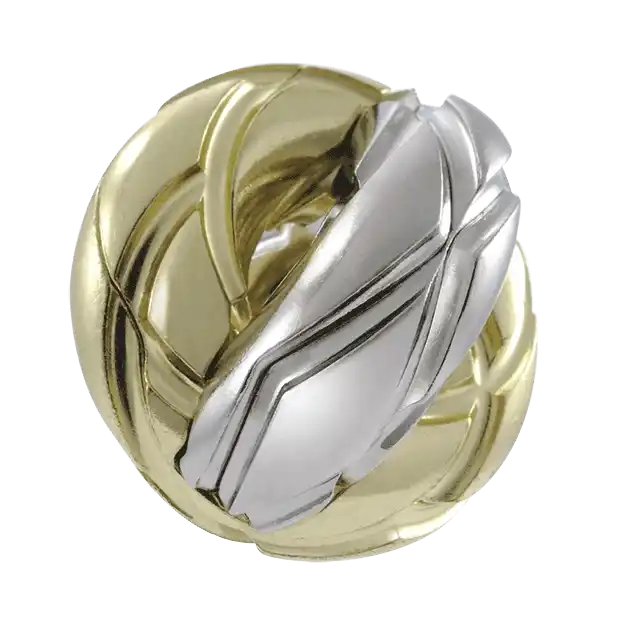 De Huzzle Cast Twist is een metalen 3D puzzel met draaiende, verwarrende onderdelen die in verschillende richtingen bewegen.