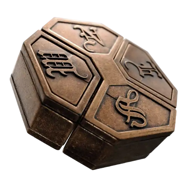De Huzzle Cast News is een metalen 3D puzzel met een achthoekige vorm die en in elkaar geklemde structuur.
