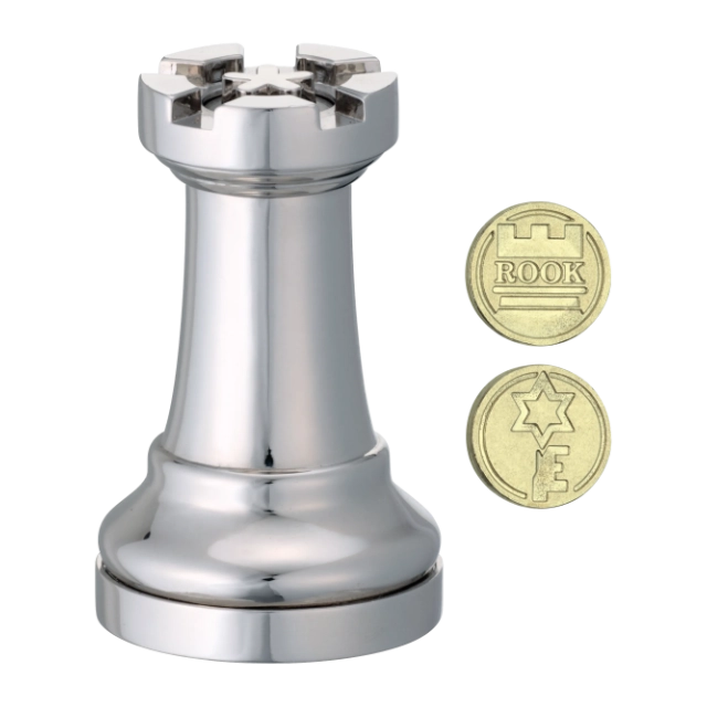 3D breinbreker puzzel van een schaak toren (zilver kleur) met verborgen munt.