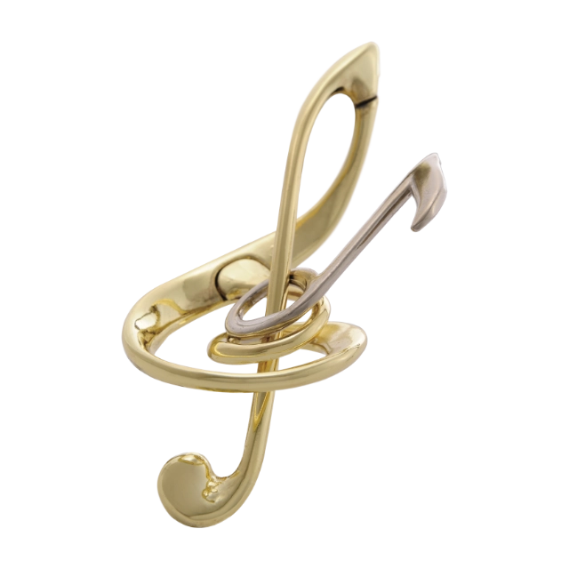 De Huzzle Cast Harmony is een metalen 3D breinbreker puzzel met een symmetrisch ontwerp, bestaande uit twee verstrengelde, muzieknoten.