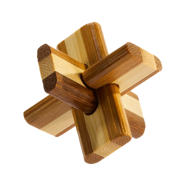 3D breinbreker puzzel "Bamboo Doublecross" met houten stukken die op een ingewikkelde manier kruis en knoop vormen, uitdagend om op te lossen.