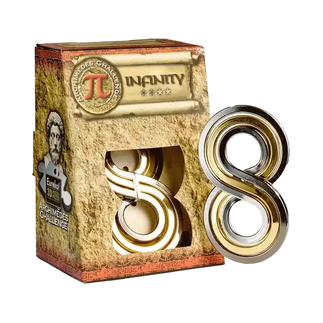3D breinbreker puzzel met metalen ringen die eindeloos in elkaar grijpen, vormend een complexe, draaiende structuur geïnspireerd door Archimedes.