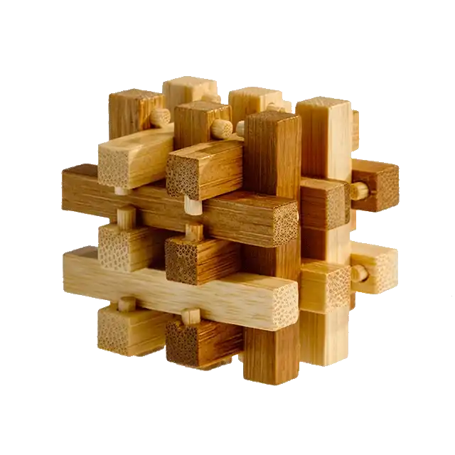 3D breinbreker puzzel in de vorm van een schuivende bamboo-structuur, met houten delen die in elkaar passen en verschuiven.