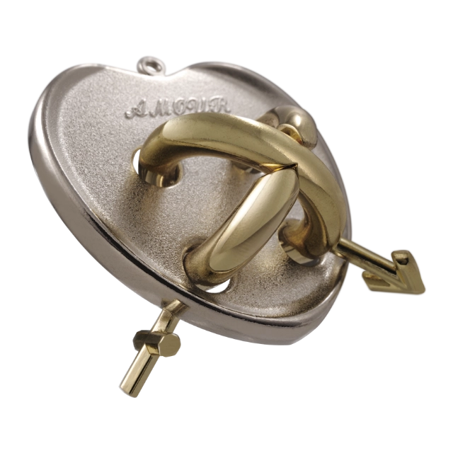 De Huzzle Cast Amour is een metalen 3D puzzel met een hart en 2 sexesymbolen verstrengeld in het hart in een complex en elegant design.